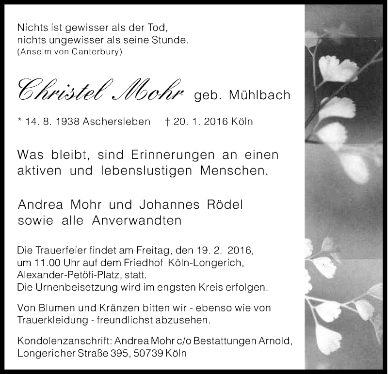  Traueranzeige für Christel Mohr vom 06.02.2016 aus Kölner Stadt-Anzeiger / Kölnische Rundschau / Express