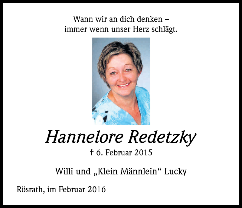  Traueranzeige für Hannelore Redetzky vom 06.02.2016 aus Kölner Stadt-Anzeiger / Kölnische Rundschau / Express