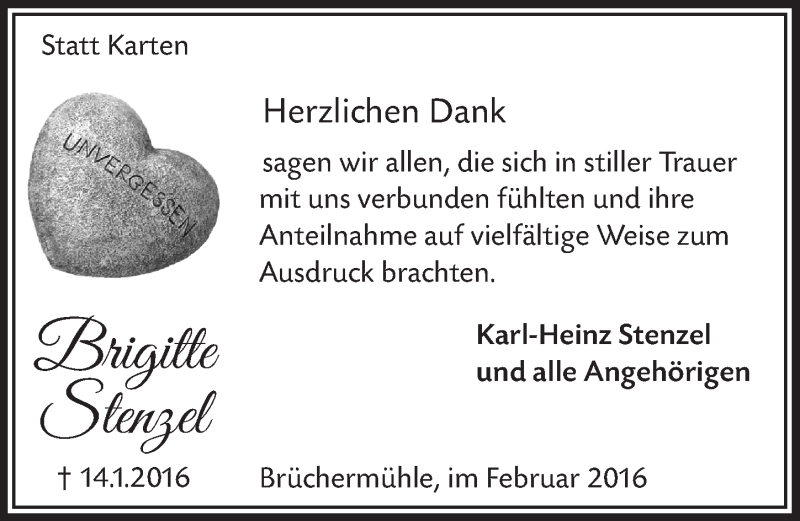  Traueranzeige für Brigitte Stenzel vom 17.02.2016 aus  Lokalanzeiger 