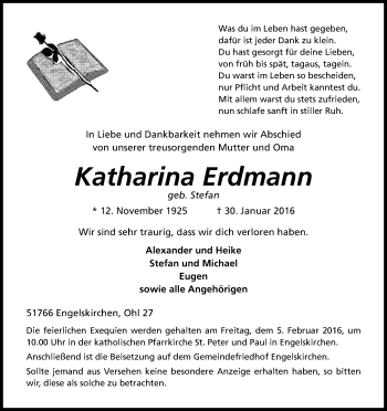 Anzeige von Katharina Erdmann von Kölner Stadt-Anzeiger / Kölnische Rundschau / Express