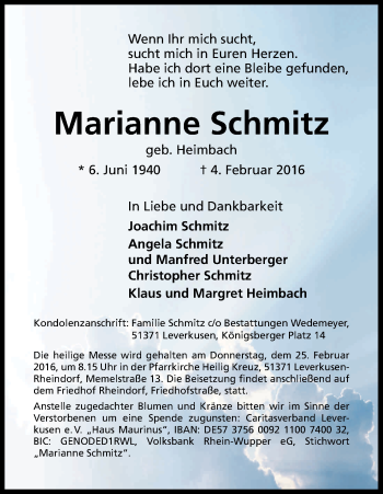 Anzeige von Marianne Schmitz von Kölner Stadt-Anzeiger / Kölnische Rundschau / Express
