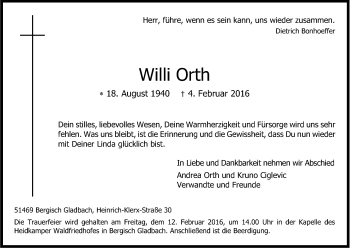 Anzeige von Willi Orth von Kölner Stadt-Anzeiger / Kölnische Rundschau / Express
