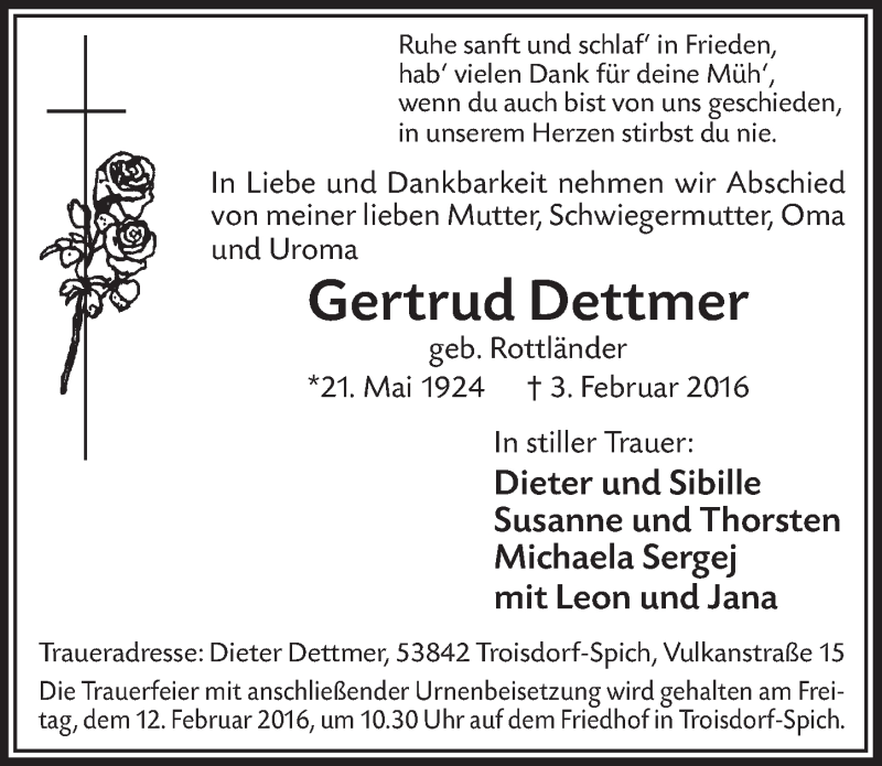 Traueranzeige für Gertrud Dettmer vom 10.02.2016 aus  Extra Blatt 