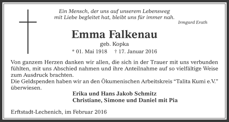  Traueranzeige für Emma Falkenau vom 17.02.2016 aus  Werbepost 