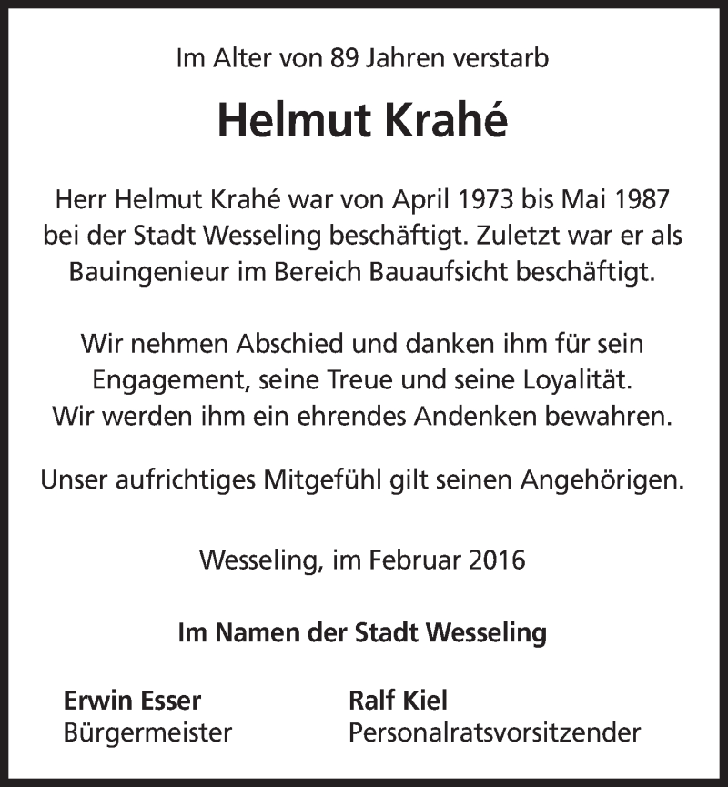  Traueranzeige für Helmut Krahé vom 17.02.2016 aus  Schlossbote/Werbekurier 