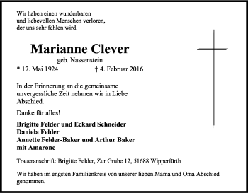 Anzeige von Marianne Clever von Kölner Stadt-Anzeiger / Kölnische Rundschau / Express