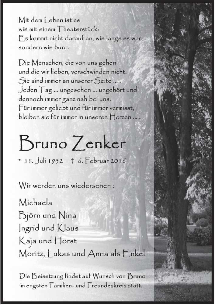  Traueranzeige für Bruno Zenker vom 17.02.2016 aus  Anzeigen Echo 