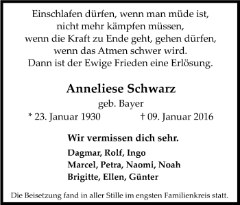 Anzeige von Anneliese Schwarz von Kölner Stadt-Anzeiger / Kölnische Rundschau / Express