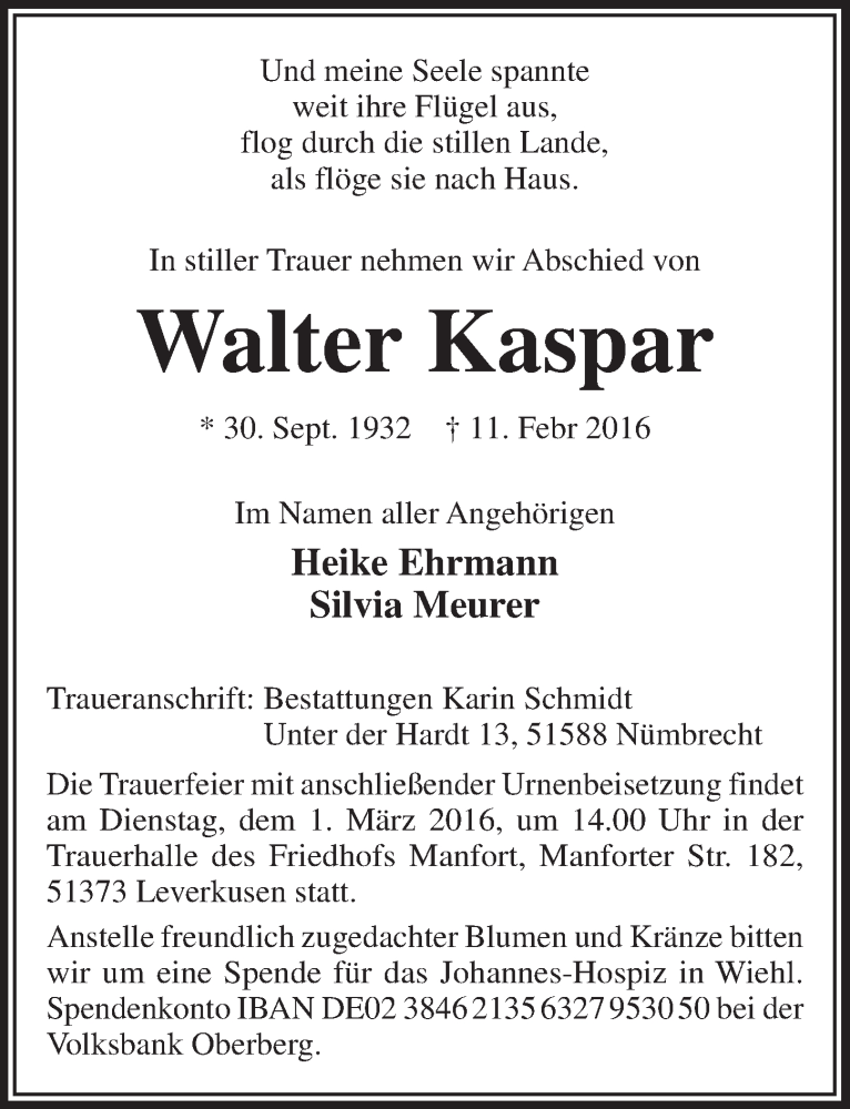  Traueranzeige für Walter Kaspar vom 24.02.2016 aus  Lokalanzeiger 
