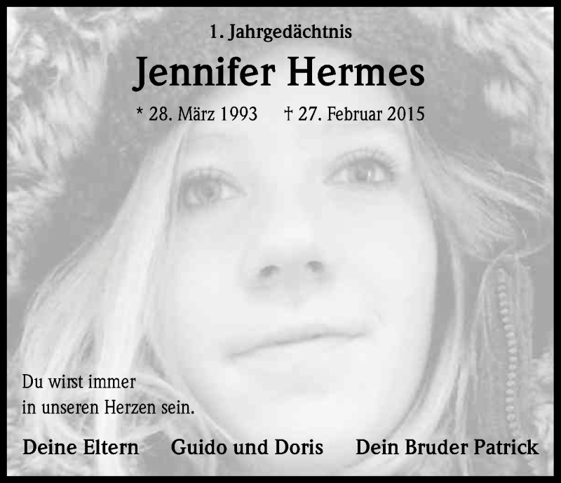  Traueranzeige für Jennifer Hermes vom 27.02.2016 aus Kölner Stadt-Anzeiger / Kölnische Rundschau / Express