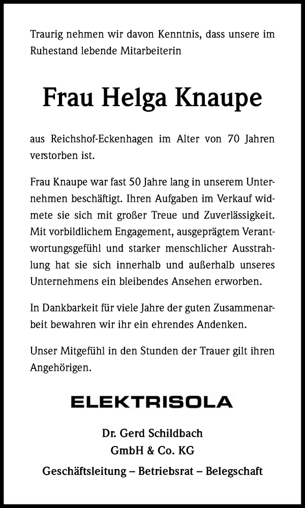  Traueranzeige für Helga Knaupe vom 06.02.2016 aus Kölner Stadt-Anzeiger / Kölnische Rundschau / Express