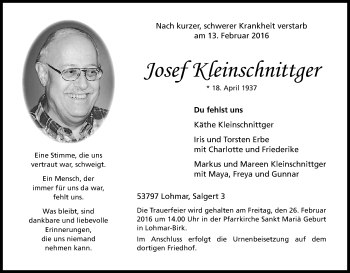 Anzeige von Josef Kleinschnittger von Kölner Stadt-Anzeiger / Kölnische Rundschau / Express