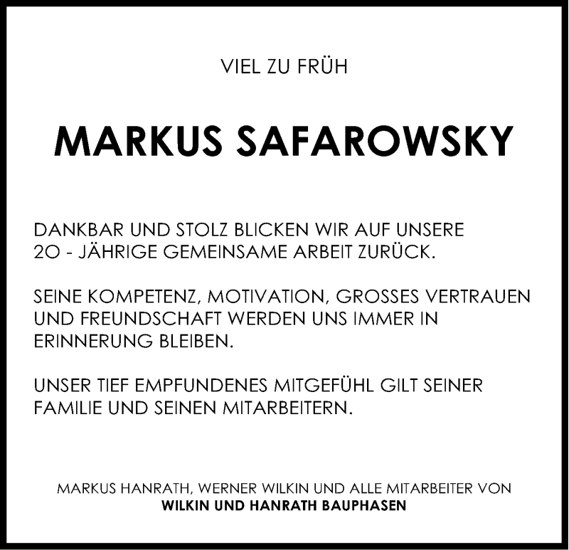  Traueranzeige für Markus Safarowsky vom 17.02.2016 aus Kölner Stadt-Anzeiger / Kölnische Rundschau / Express