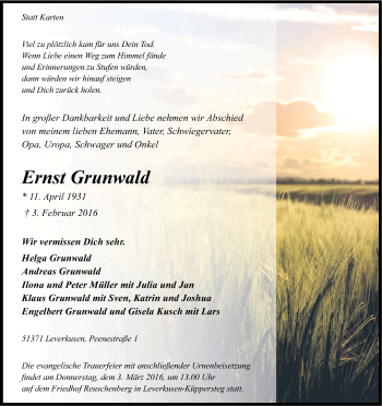 Anzeige von Ernst Grunwald von Kölner Stadt-Anzeiger / Kölnische Rundschau / Express