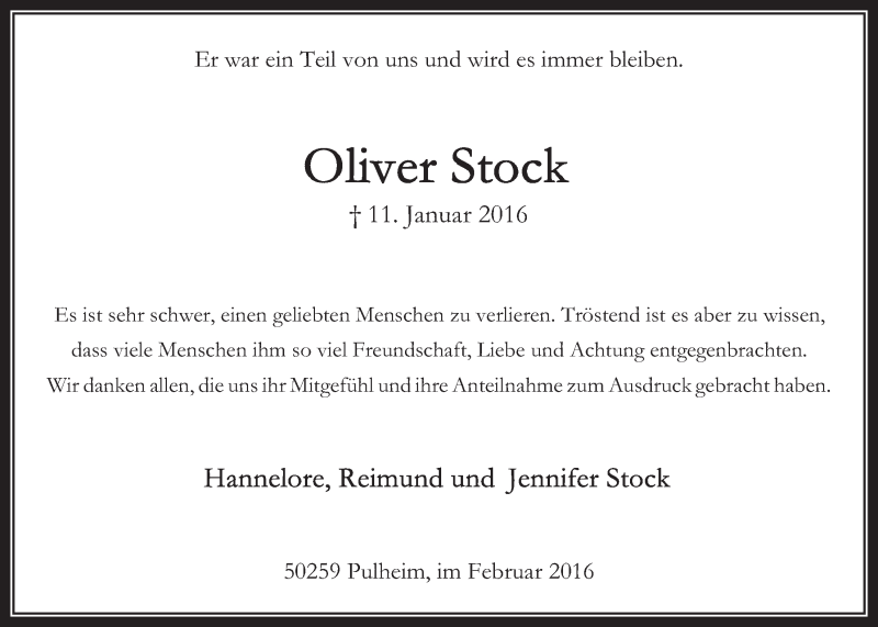  Traueranzeige für Oliver Stock vom 17.02.2016 aus  Wochenende 