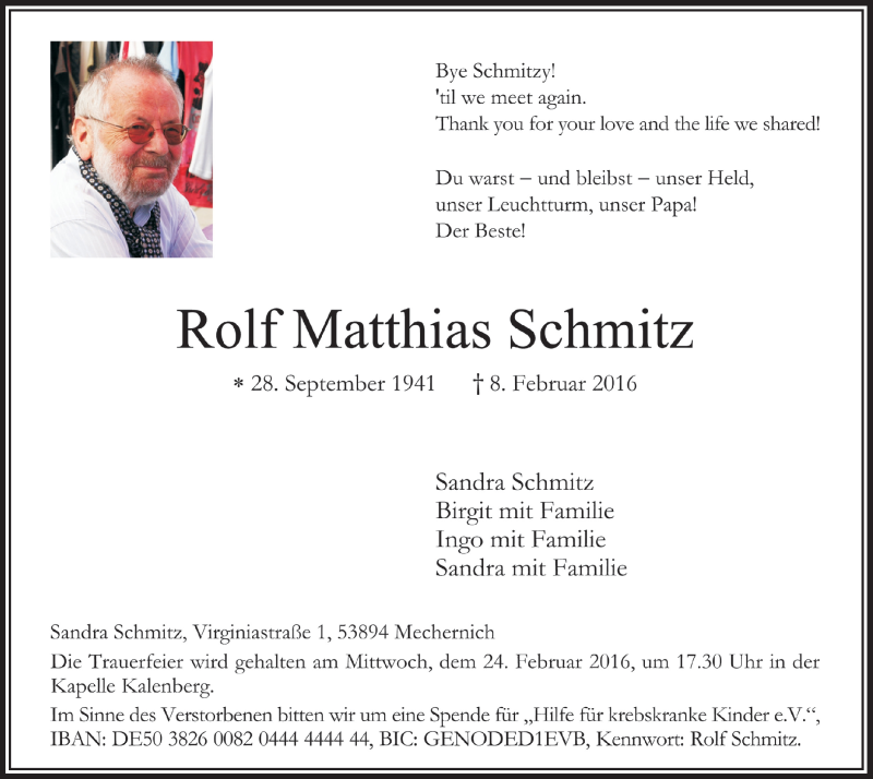  Traueranzeige für Rolf Matthias Schmitz vom 21.02.2016 aus  Blickpunkt Euskirchen 