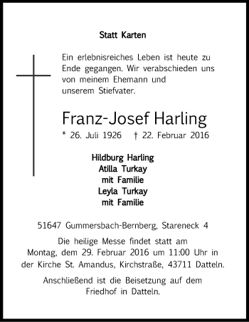 Anzeige von Franz-Josef Harling von Kölner Stadt-Anzeiger / Kölnische Rundschau / Express