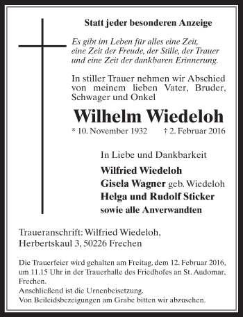 Anzeige von Wilhelm Wiedeloh von  Wochenende 