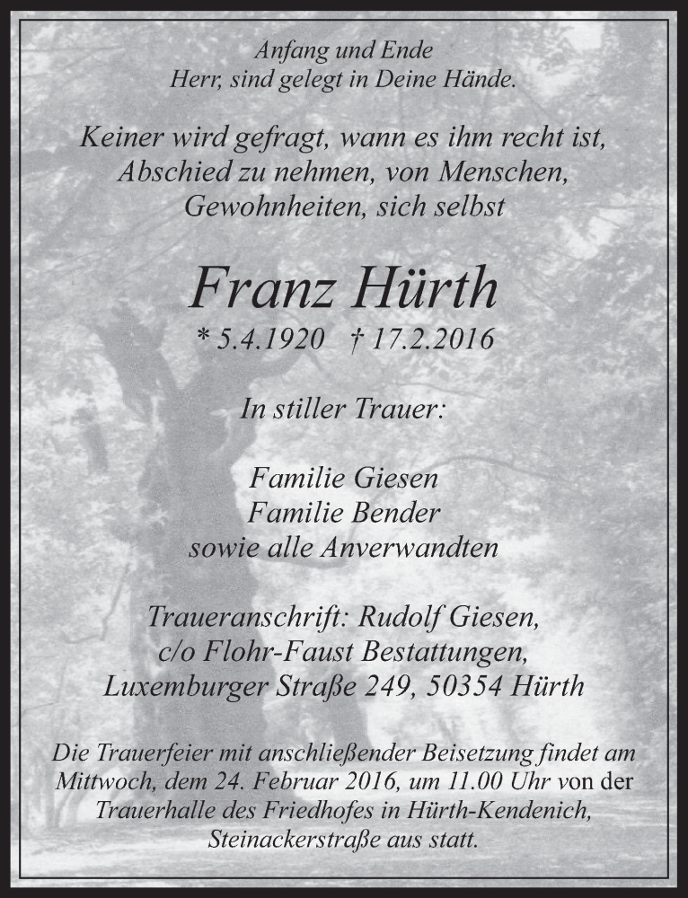  Traueranzeige für Franz Hürth vom 24.02.2016 aus  Wochenende 