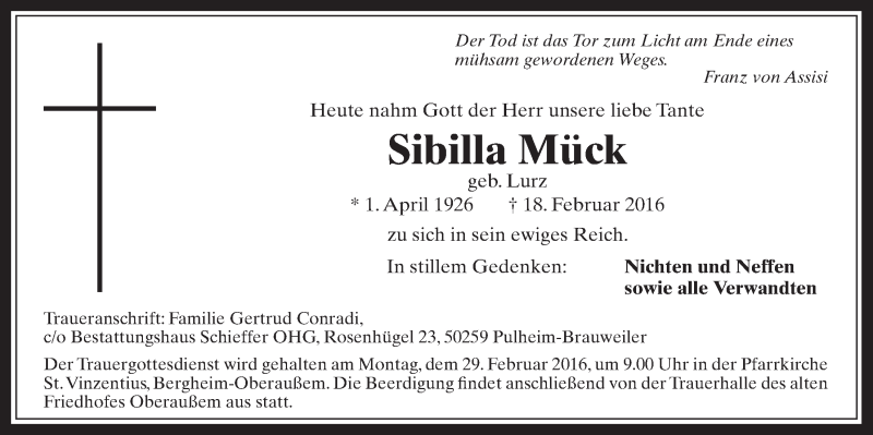  Traueranzeige für Sibilla Mück vom 24.02.2016 aus  Werbepost 