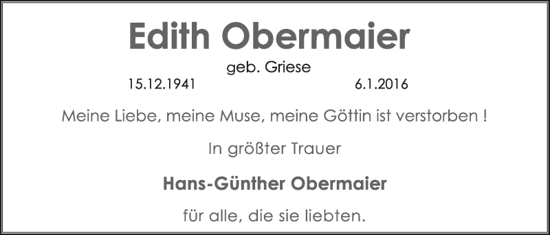  Traueranzeige für Edith Obermaier vom 20.01.2016 aus  Kölner Wochenspiegel 