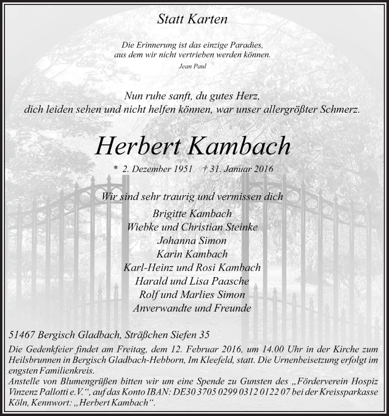  Traueranzeige für Herbert Kambach vom 10.02.2016 aus  Bergisches Handelsblatt 
