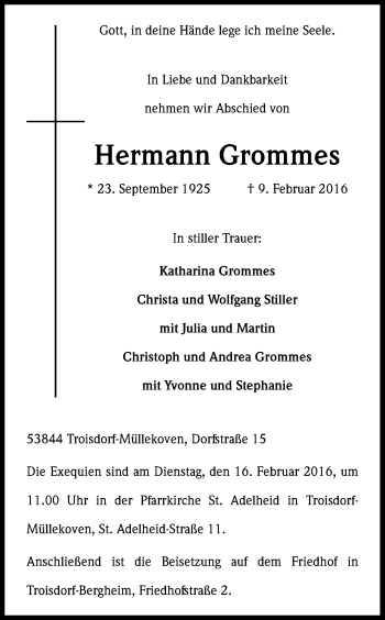 Anzeige von Hermann Grommes von Kölner Stadt-Anzeiger / Kölnische Rundschau / Express