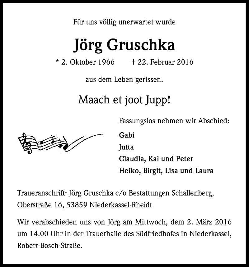  Traueranzeige für Jörg Gruschka vom 27.02.2016 aus Kölner Stadt-Anzeiger / Kölnische Rundschau / Express