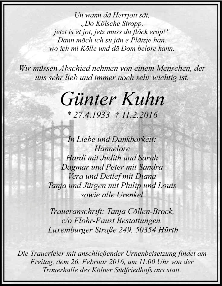  Traueranzeige für Günter Kuhn vom 20.02.2016 aus Kölner Stadt-Anzeiger / Kölnische Rundschau / Express
