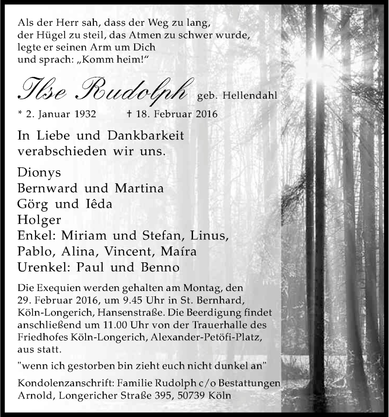  Traueranzeige für Ilse Rudolph vom 27.02.2016 aus Kölner Stadt-Anzeiger / Kölnische Rundschau / Express