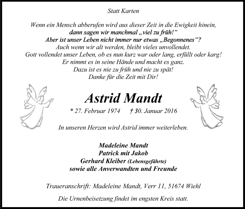  Traueranzeige für Astrid Mandt vom 20.02.2016 aus Kölner Stadt-Anzeiger / Kölnische Rundschau / Express