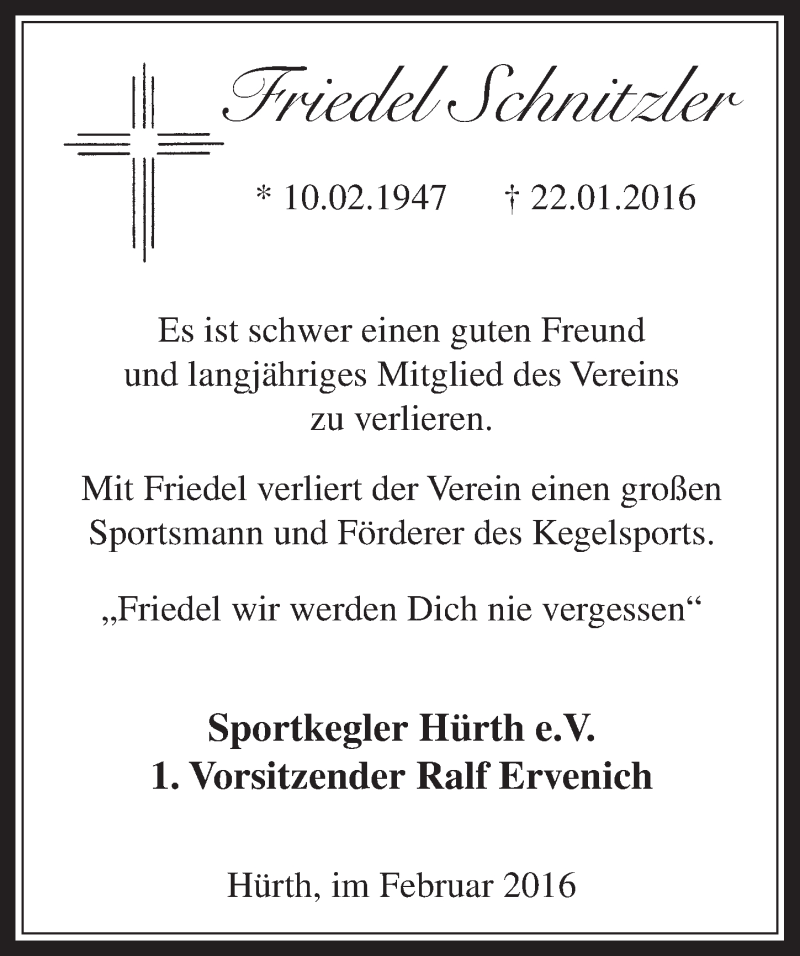  Traueranzeige für Friedel Schnitzel vom 03.02.2016 aus  Wochenende 
