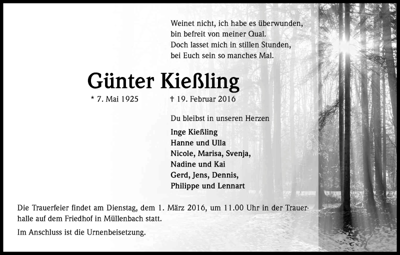  Traueranzeige für Günter Kießling vom 25.02.2016 aus Kölner Stadt-Anzeiger / Kölnische Rundschau / Express