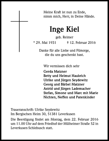 Anzeige von Inge Kiel von Kölner Stadt-Anzeiger / Kölnische Rundschau / Express