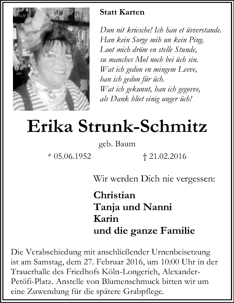  Traueranzeige für Erika Strunk-Schmitz vom 24.02.2016 aus Kölner Stadt-Anzeiger / Kölnische Rundschau / Express