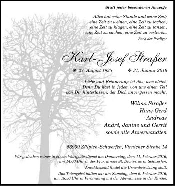 Anzeige von Karl-Josef Straßer von Kölner Stadt-Anzeiger / Kölnische Rundschau / Express