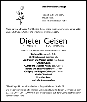 Anzeige von Dieter Geisen von Kölner Stadt-Anzeiger / Kölnische Rundschau / Express