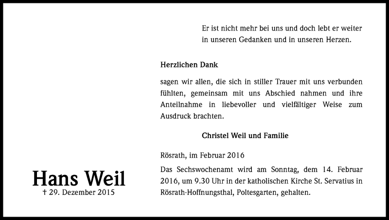  Traueranzeige für Hans Weil vom 06.02.2016 aus Kölner Stadt-Anzeiger / Kölnische Rundschau / Express