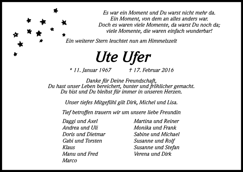  Traueranzeige für Ute Ufer vom 24.02.2016 aus Kölner Stadt-Anzeiger / Kölnische Rundschau / Express