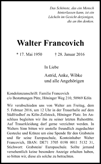 Anzeige von Walter Francovich von Kölner Stadt-Anzeiger / Kölnische Rundschau / Express