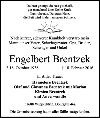 Anzeige von Engelbert Brentzek von Kölner Stadt-Anzeiger / Kölnische Rundschau / Express