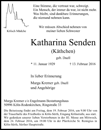Anzeige von Katharina Senden von Kölner Stadt-Anzeiger / Kölnische Rundschau / Express