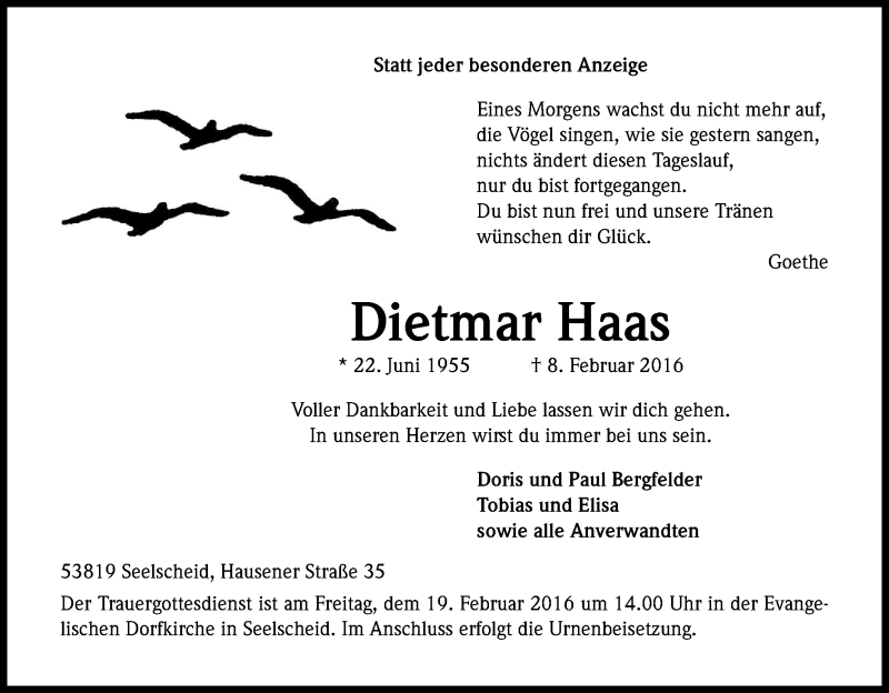  Traueranzeige für Dietmar Haas vom 13.02.2016 aus Kölner Stadt-Anzeiger / Kölnische Rundschau / Express