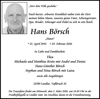 Anzeige von Hans Börsch von Kölner Stadt-Anzeiger / Kölnische Rundschau / Express