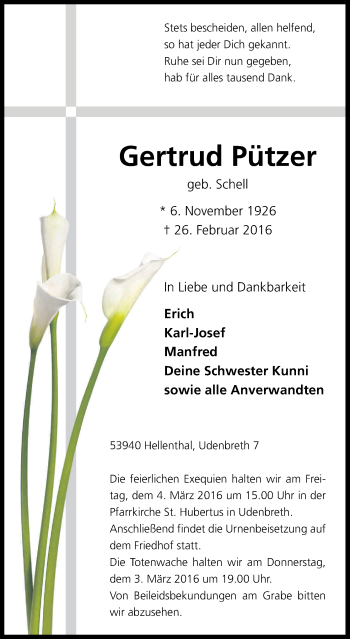 Anzeige von Gertrud Pützer von Kölner Stadt-Anzeiger / Kölnische Rundschau / Express