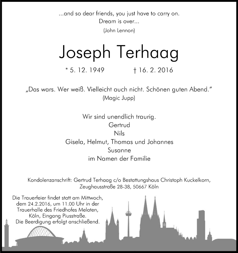  Traueranzeige für Joseph Terhaag vom 20.02.2016 aus Kölner Stadt-Anzeiger / Kölnische Rundschau / Express