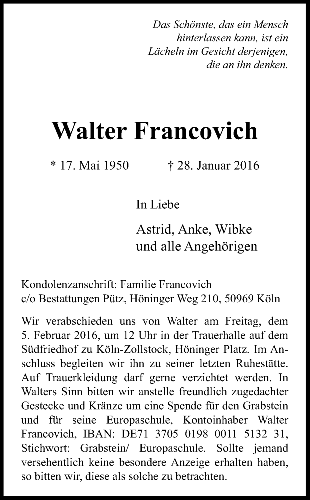  Traueranzeige für Walter Francovich vom 02.02.2016 aus Kölner Stadt-Anzeiger / Kölnische Rundschau / Express