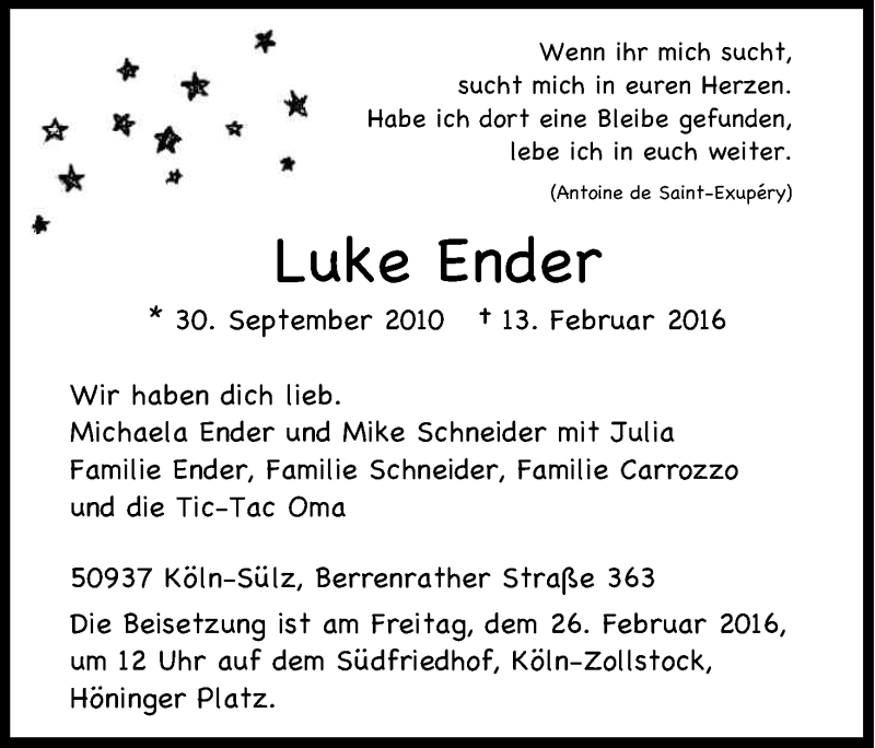  Traueranzeige für Luke Ender vom 20.02.2016 aus Kölner Stadt-Anzeiger / Kölnische Rundschau / Express