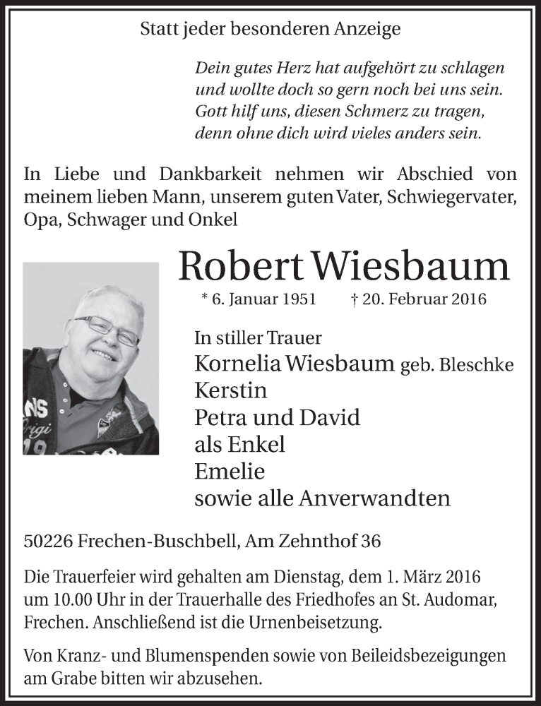 Traueranzeige für Robert Wiesbaum vom 27.02.2016 aus  Sonntags-Post 