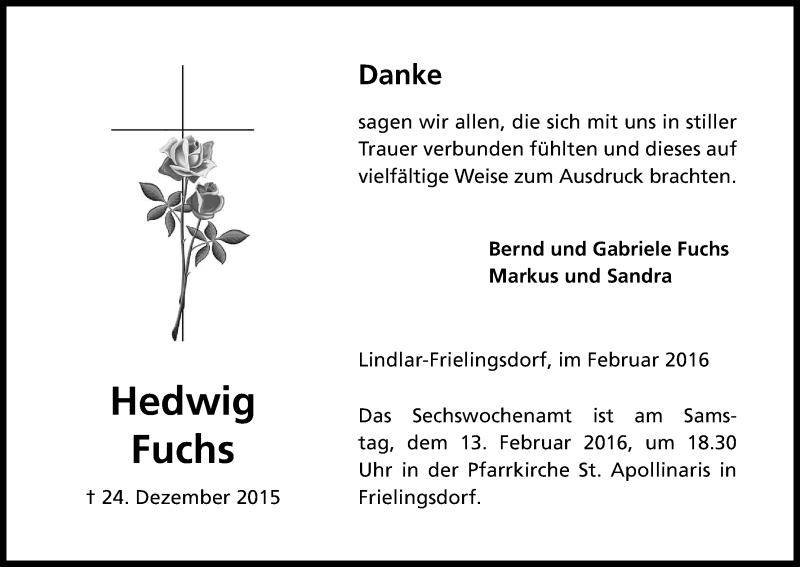  Traueranzeige für Hedwig Fuchs vom 06.02.2016 aus Kölner Stadt-Anzeiger / Kölnische Rundschau / Express